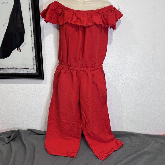 Tommy Bahama Red Linen Blend Ruffle Jumpsuit - Small, Cropped missing  tie belt - Picture 1 of 10